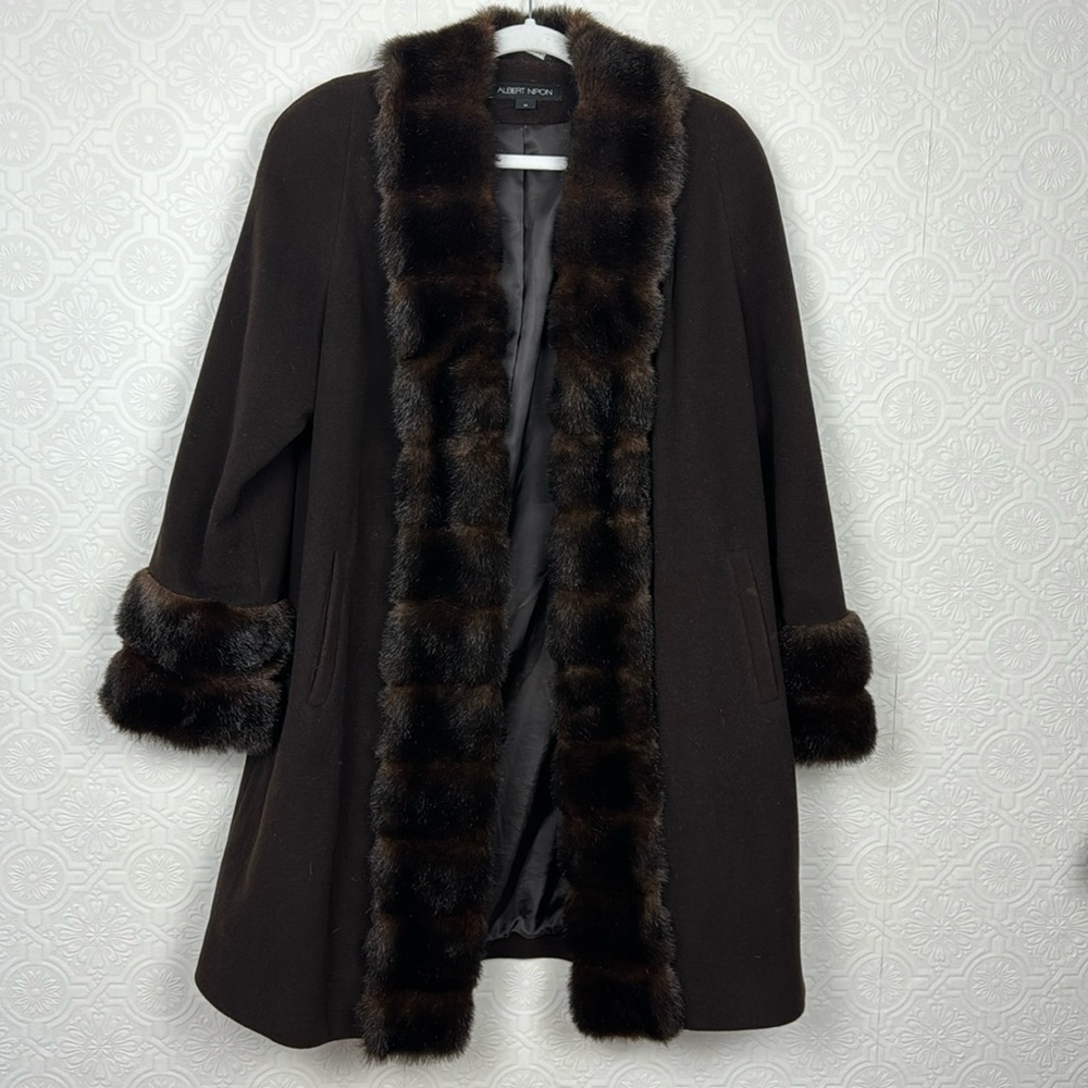 Vintage Albert Nipon Mob Wife Aesthetic Coat Wool Dark Brown Faux Fur Penny Lane